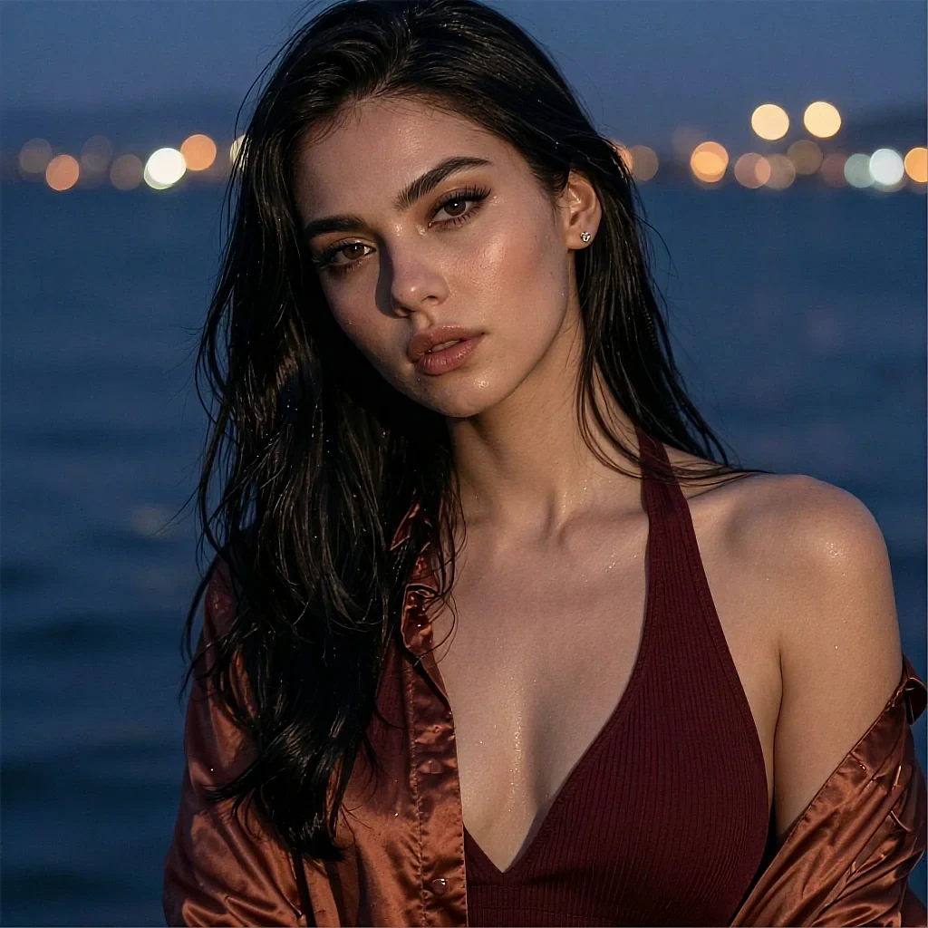 Woman with long dark hair in a burgundy halter top and satin jacket, seaside at dusk with bokeh city lights
