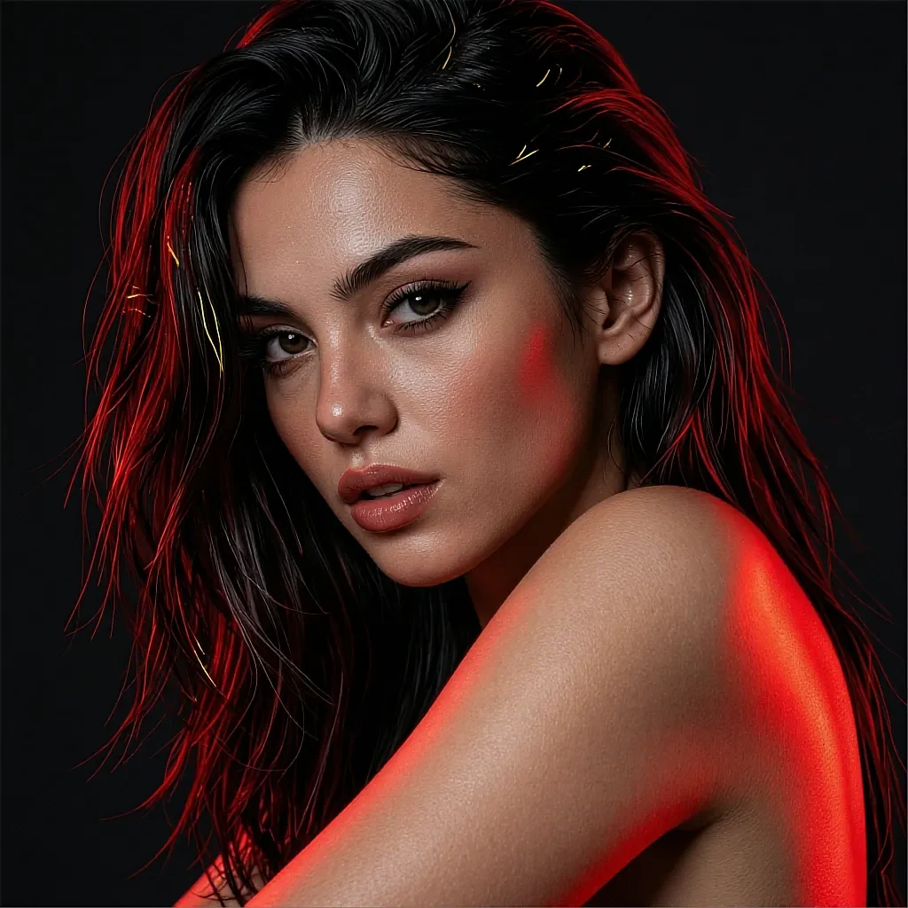 Woman with wet dark hair and bare shoulders, dramatic red rim lighting on black background