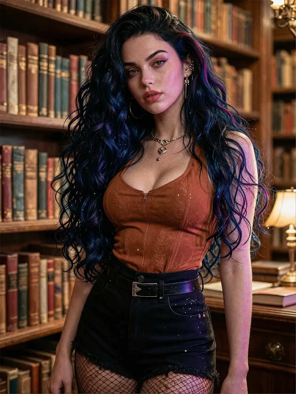 Woman with long wavy blue-black hair in a rust corset top and dark skirt with fishnet stockings, vintage library setting