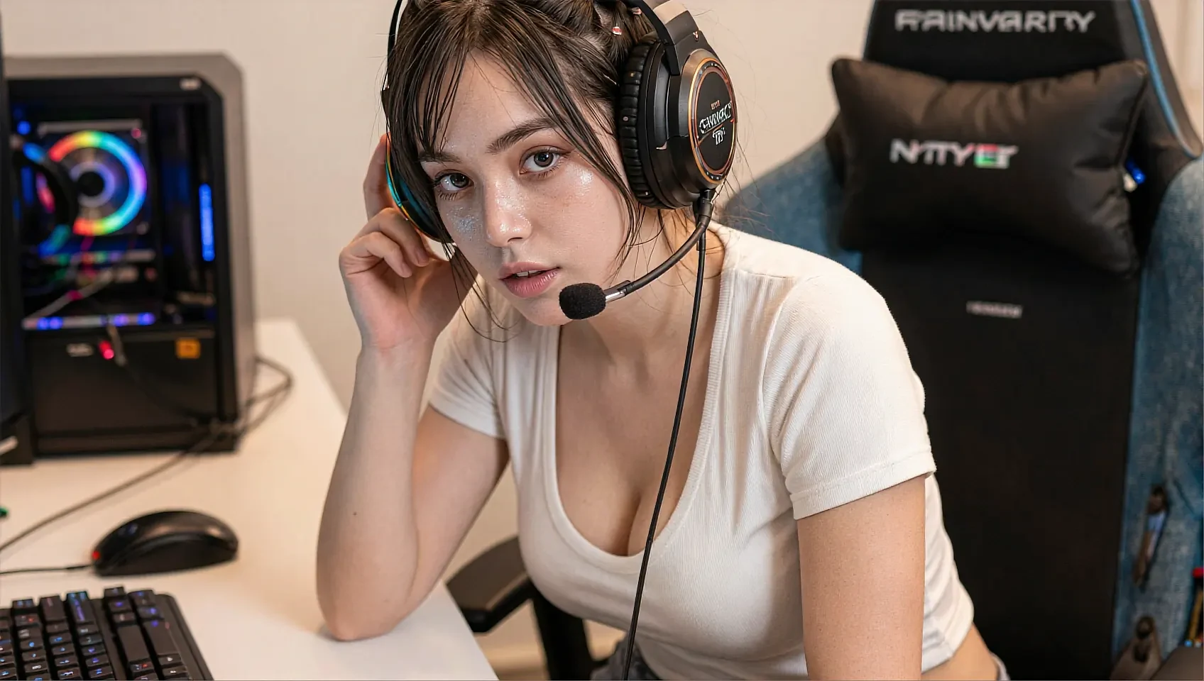 Brunette woman with bangs wearing a gaming headset and white t-shirt, seated at a PC gaming setup with RGB lighting