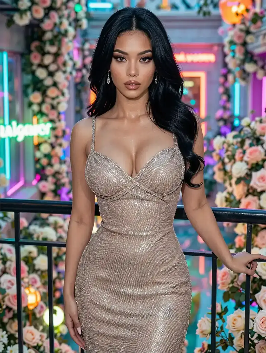 Woman with long black wavy hair in a sparkly champagne-gold dress, standing by a railing with pink flower decorations and neon signs